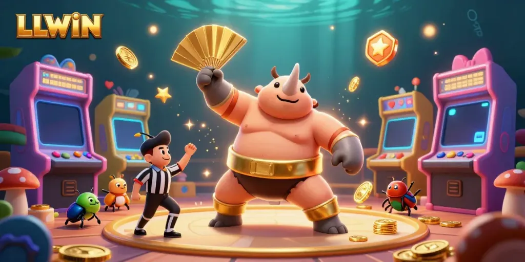 LLWIN features a dynamic scene with a rhinoceros beetle champion, gold coins, and colorful arcade elements, creating a vibrant casino atmosphere.