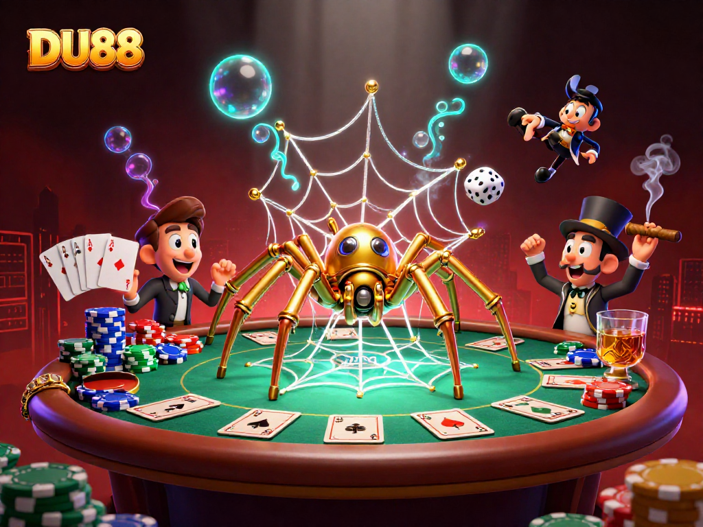 Experience DU88 with a captivating golden spider web surrounded by poker elements, adding excitement to your gaming.