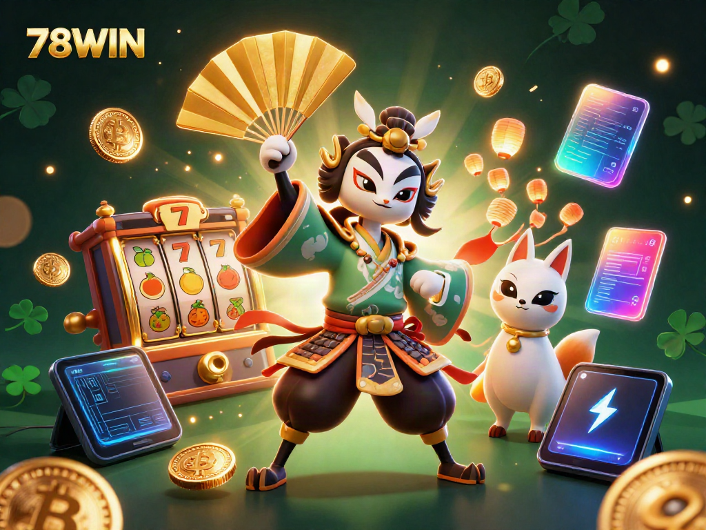 Experience the thrilling world of 78WIN as the kabuki warrior and kitsune companion celebrate jackpot wins among dynamic gambling elements.