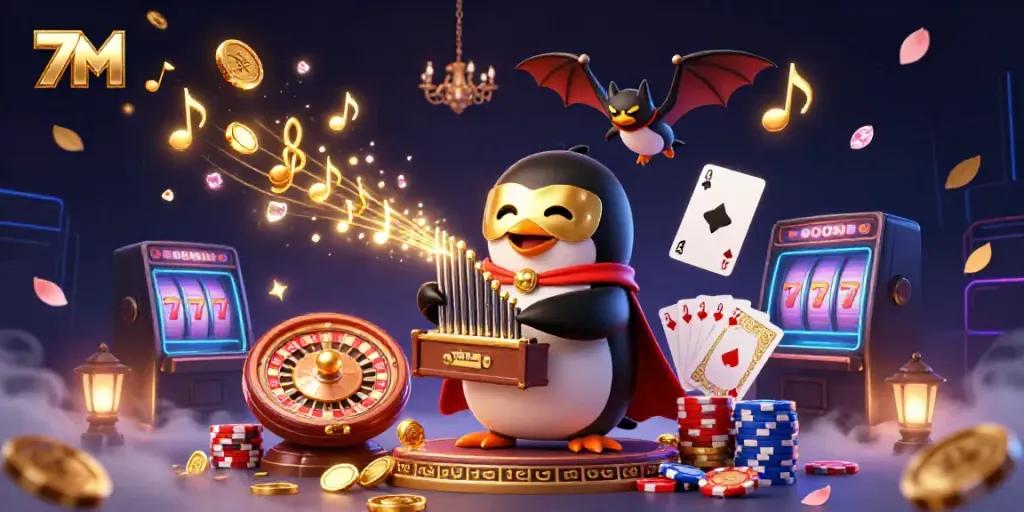 Engage with exciting 7M gambling experiences featuring dynamic casino elements and whimsical characters.