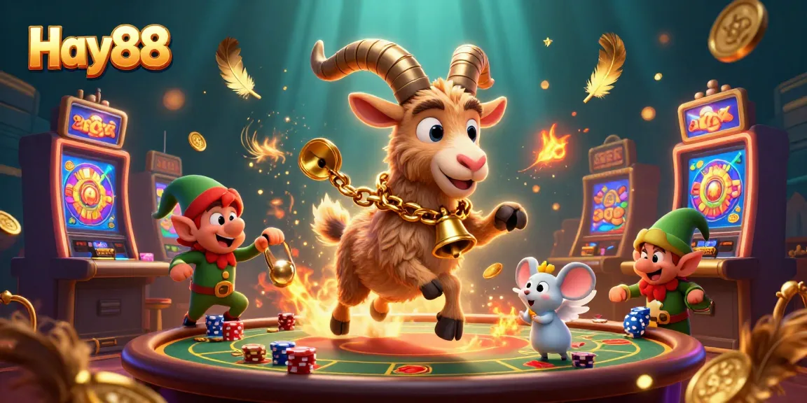 Engaging Hay88 casino scene with Krampus goat, angel mouse, and elf gremlins chasing poker chips.