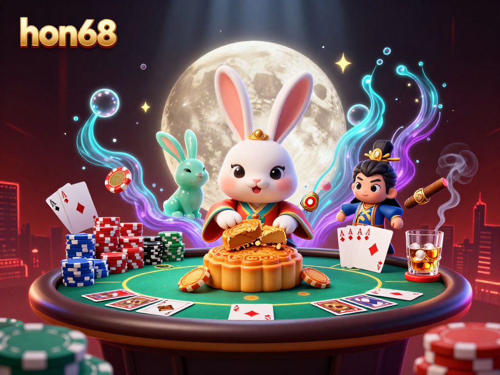 hon68 showcases a moon rabbit gambling scene with poker elements and vibrant colors.
