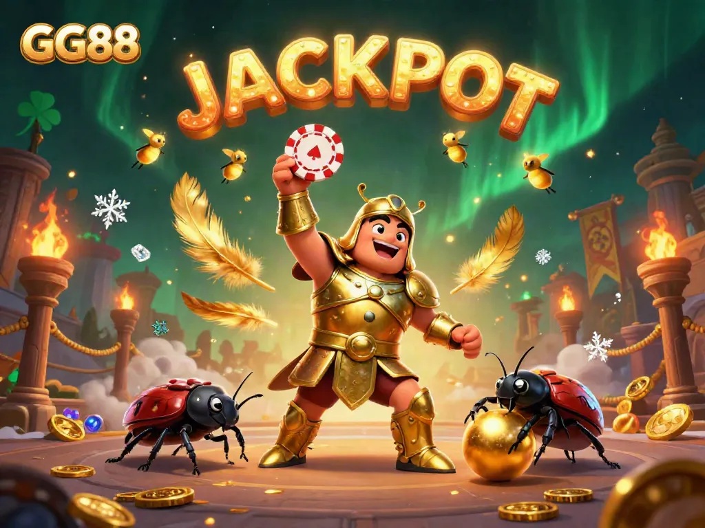 GG88 showcases a victorious beetle in armor celebrating a jackpot in a vibrant casino arena.