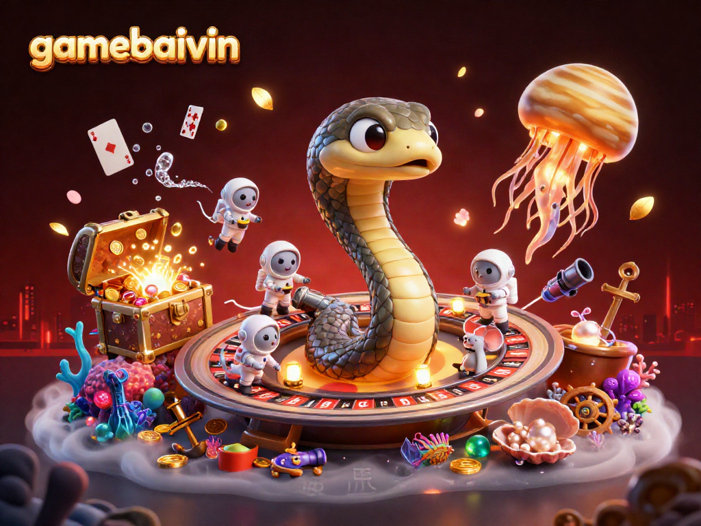 gamebaivin showcases a lively cosmic casino scene with betting astronaut mice and a glowing jellyfish dealer