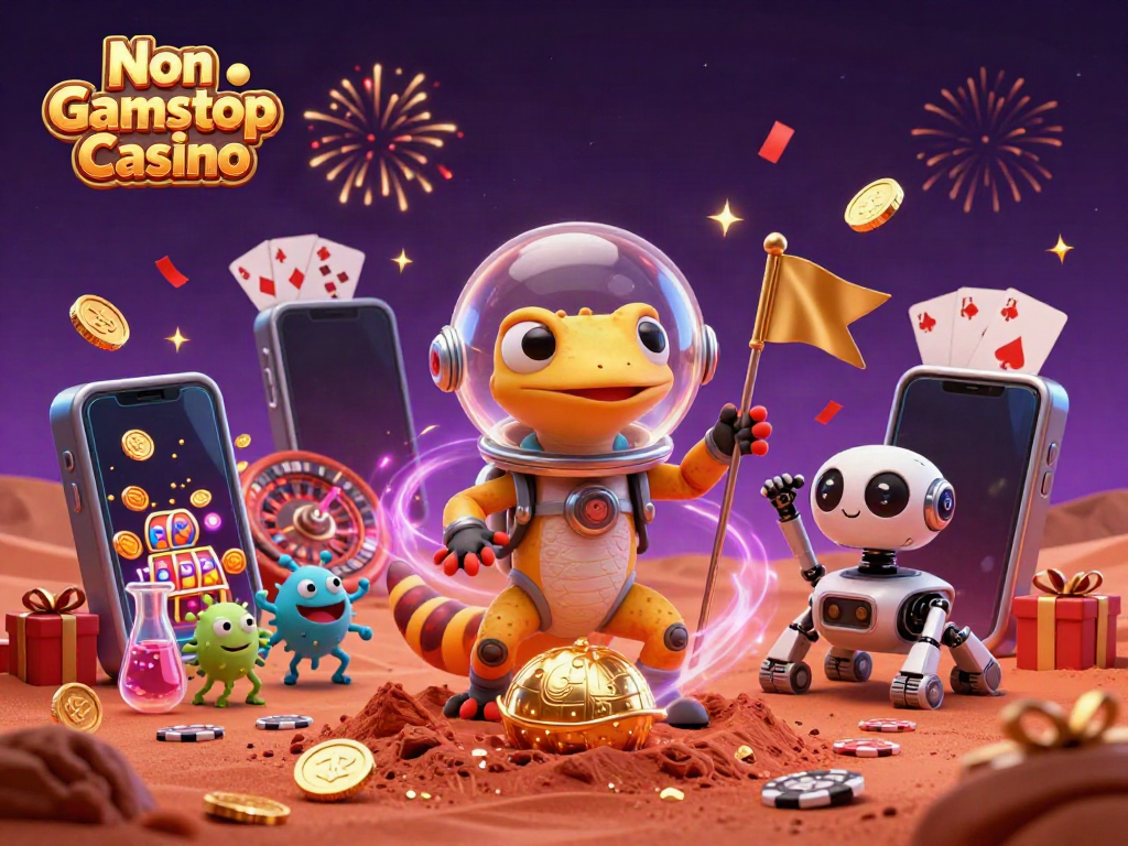 Engaging 3D scene of a Martian gecko and robot at a Non Gamstop Casino with slot games and festive elements.