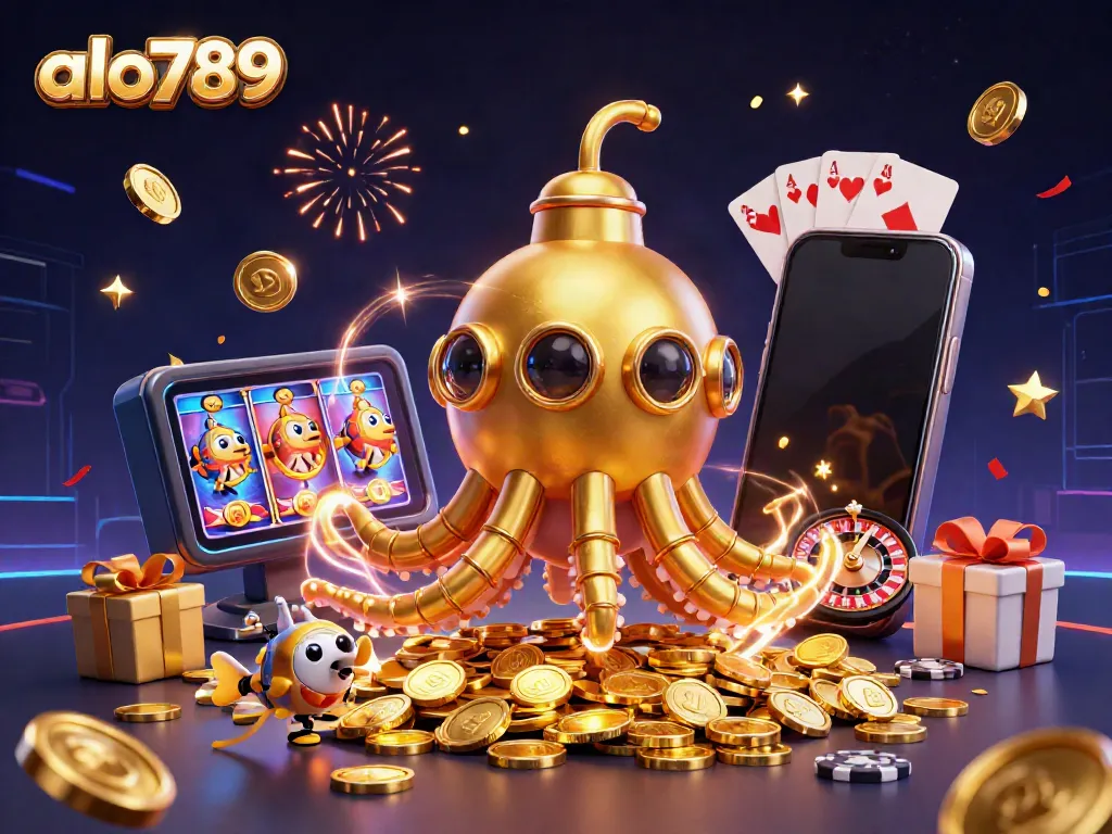 Experience winning strategies at alo789 with a dynamic kraken submarine amidst vibrant casino elements.