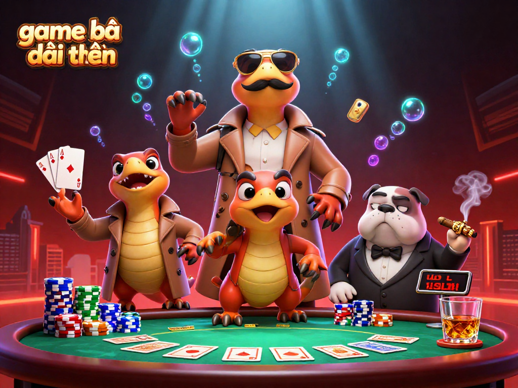 Experience game bài đổi thưởng with a cartoon raptor trio in a trench coat entering a VIP lounge