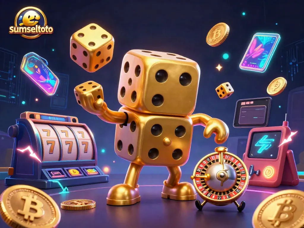 Experience thrilling wins with sumseltoto in a vibrant slots scene featuring golden dice and crypto elements.