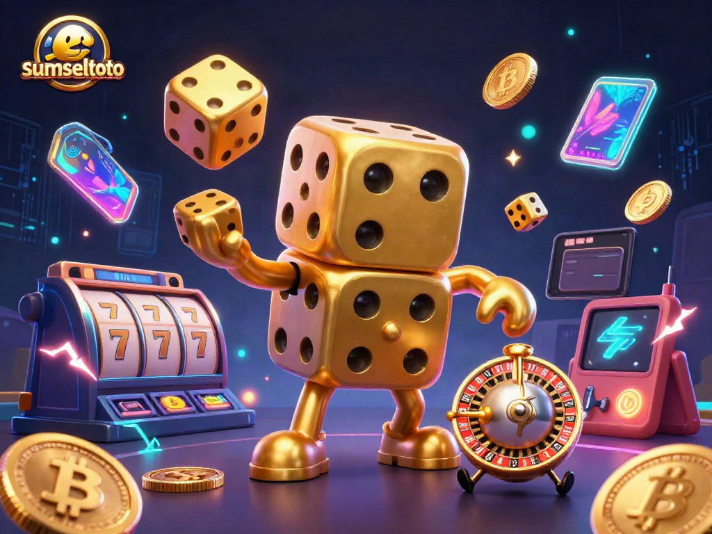 Experience thrilling wins with sumseltoto in a vibrant slots scene featuring golden dice and crypto elements.