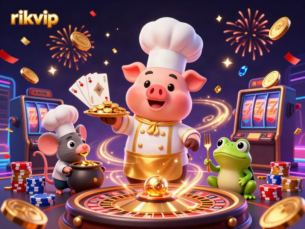 Experience excitement at rikvip with dynamic games, coins, and vibrant characters in a colorful casino scene.