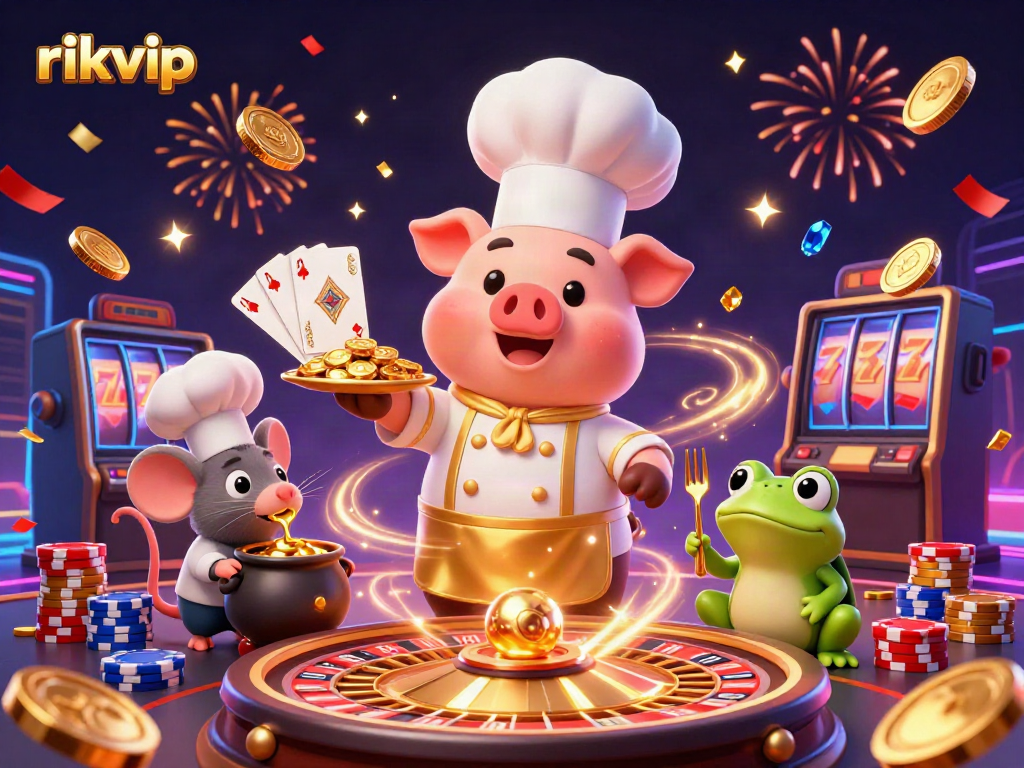 Experience excitement at rikvip with dynamic games, coins, and vibrant characters in a colorful casino scene.
