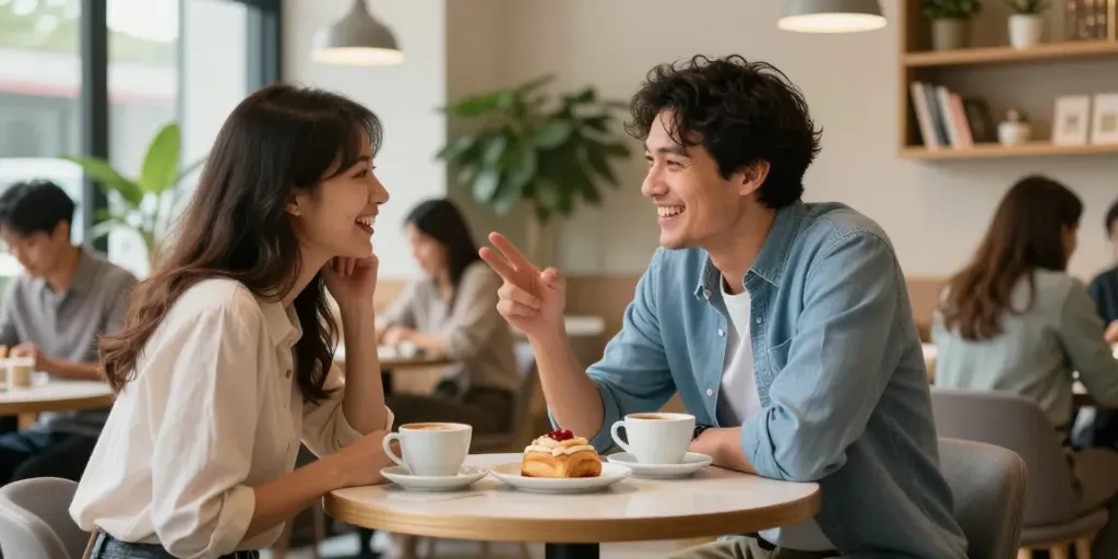 Engaging conversation demonstrating how to talk to women in a café setting.