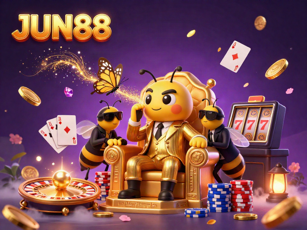 Engage with JUN88's vibrant casino theme featuring a bumblebee mob boss and dazzling gaming elements.
