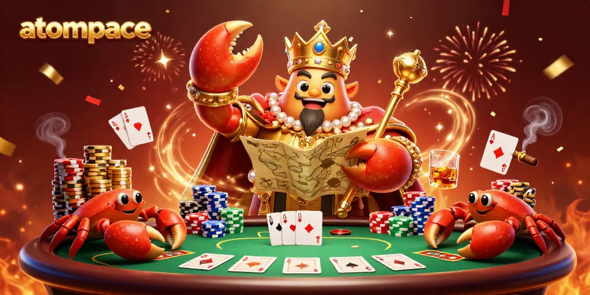 Experience the thrilling atmosphere of atompace with a golden crab emperor presiding over a vibrant poker scene.