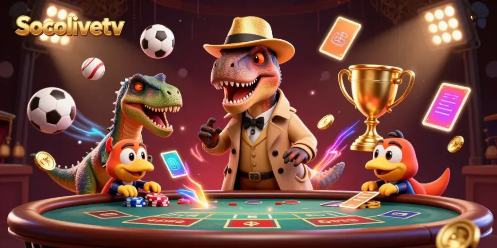Socolivetv's vibrant gambling scene showcases a velociraptor card counter surrounded by dynamic sports elements.