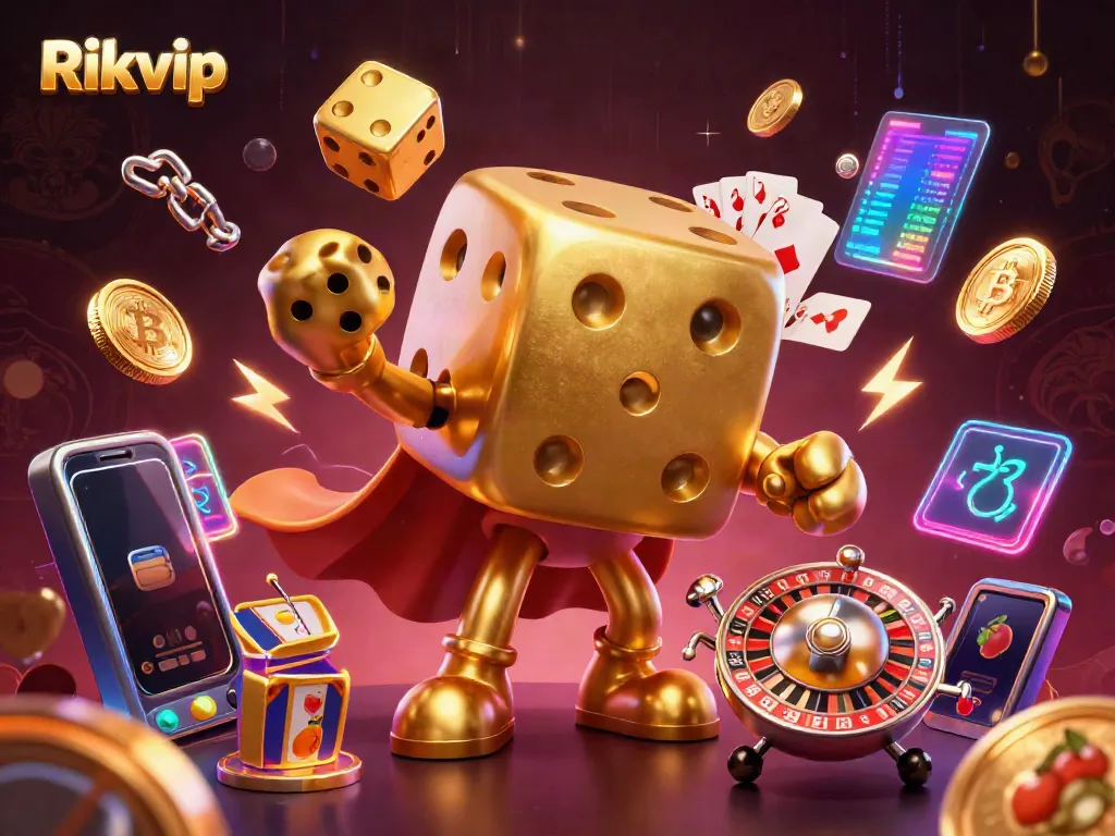 Engage with Rikvip's vibrant gaming atmosphere featuring dynamic casino elements and crypto icons.