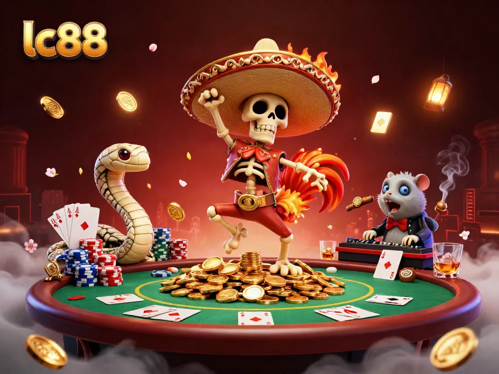 Join the vibrant victory dance of lc88 featuring a skeleton mariachi celebrating amidst gold coins and poker excitement.