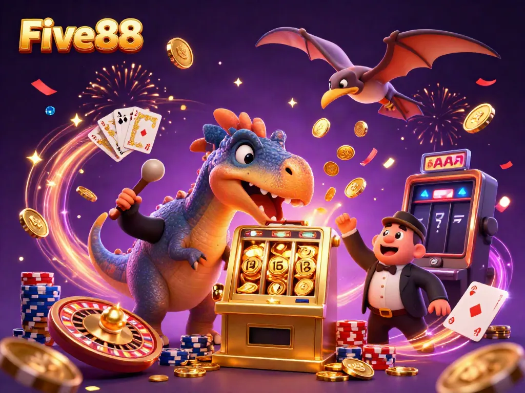 Cascading golden coins and a pachycephalosaurus at the Five88 casino, attracting excitement and winnings.