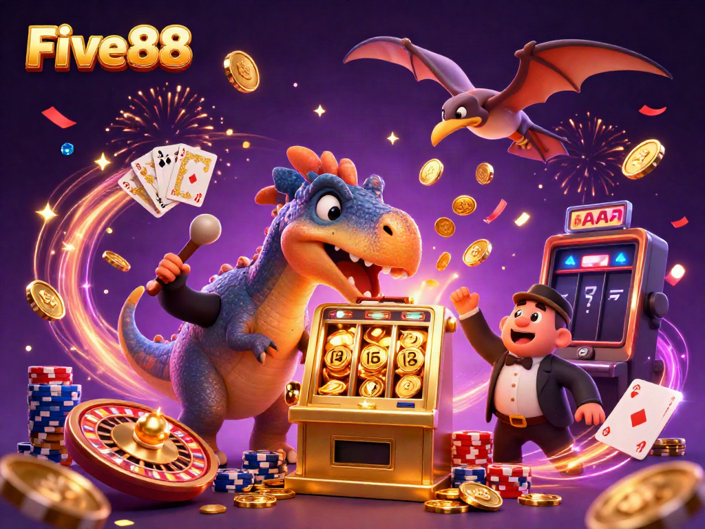 Cascading golden coins and a pachycephalosaurus at the Five88 casino, attracting excitement and winnings.