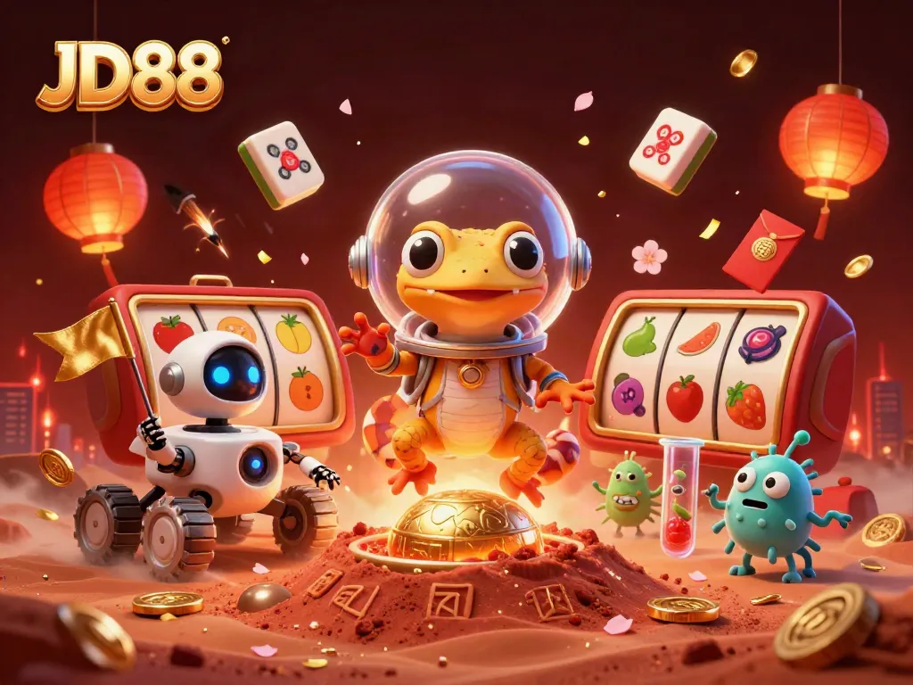 Experience JD88's thrilling casino atmosphere with vibrant slot reels and dynamic characters.