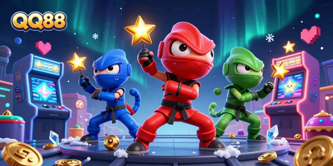 Join the QQ88 casino adventure with ninja chameleons on the rooftop amidst vibrant gaming elements.