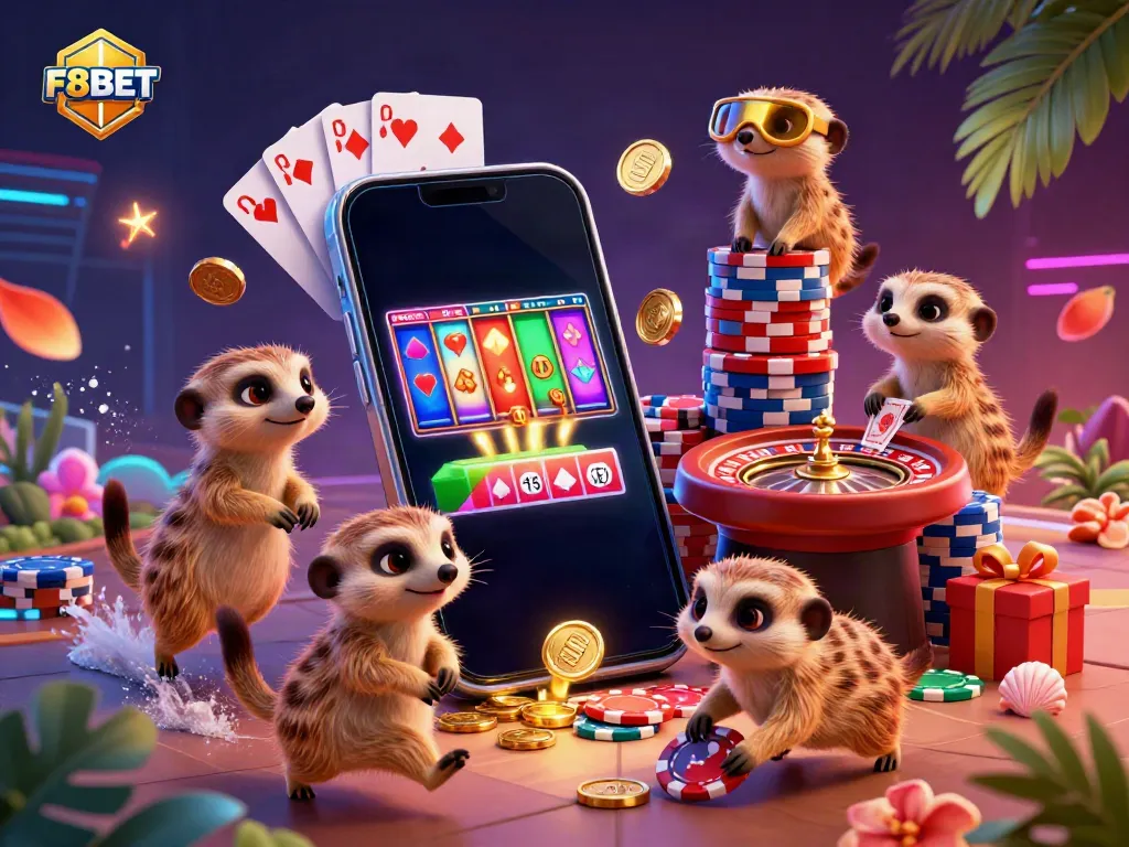 Experience the excitement of F8BET with a vibrant meerkat casino scene showcasing dynamic games and activities.