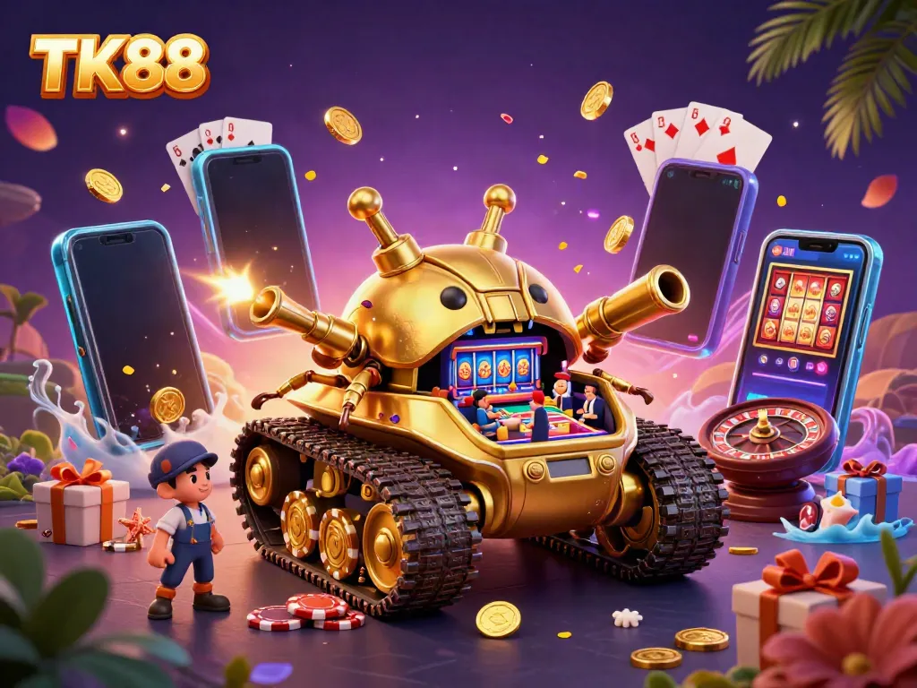 Engage with the TK88 casino experience featuring a dynamic golden beetle tank with confetti cannons and extensive gaming elements.