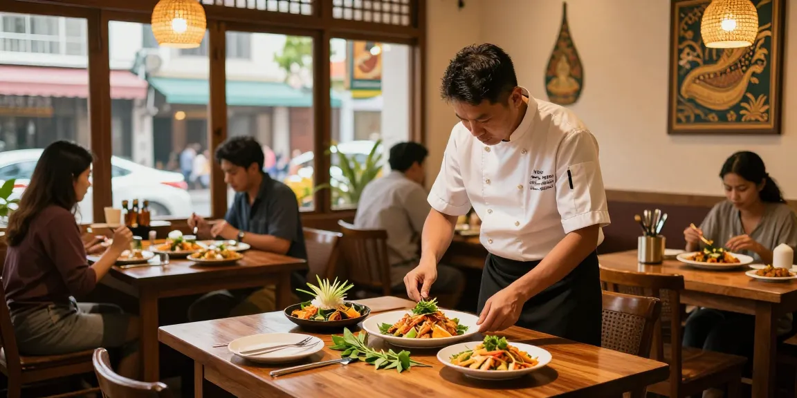 Gourmet Thai dishes being prepared at kinalyrestaurant.com in a warm restaurant setting