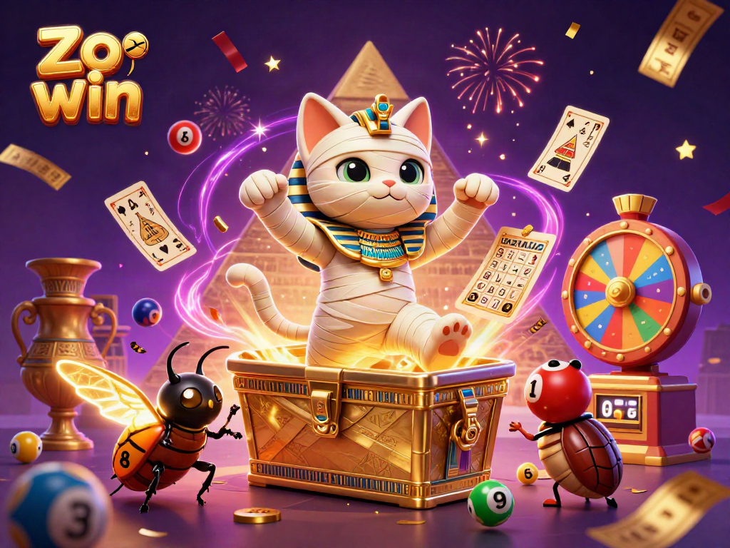 Engage in thrilling gameplay at Zo win with a dynamic, vibrant casino scene featuring mummy cat and scarab companions.