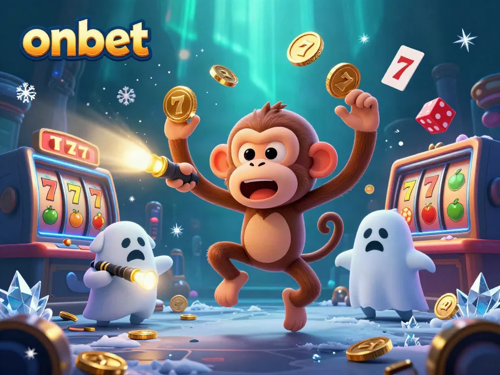 Experience the excitement of onbet with a playful scene featuring a mischievous monkey juggling golden casino items.