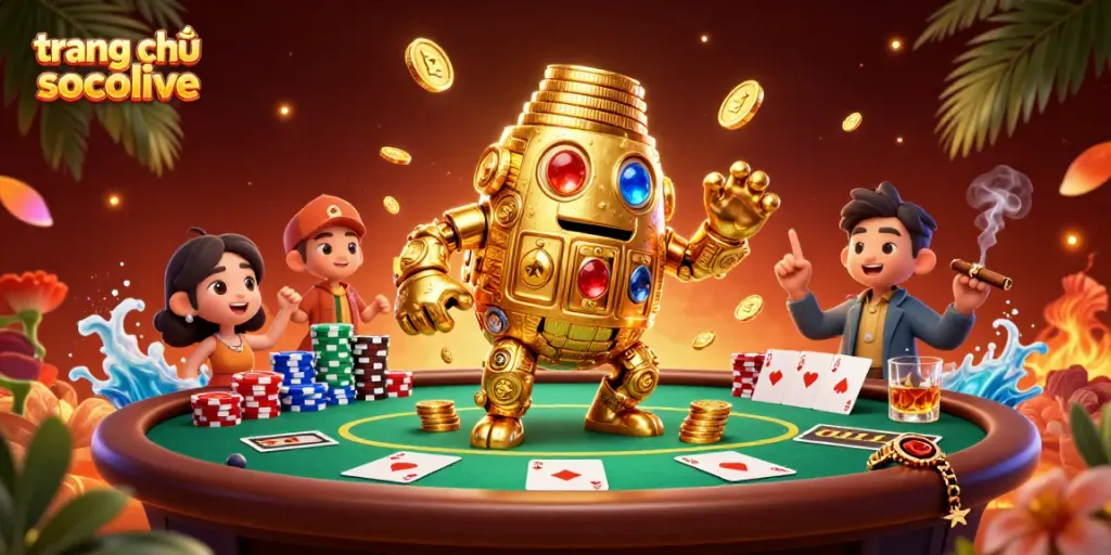 Experience the excitement of trang chủ socolive with a stunning poker scene featuring a golden golem and vibrant casino elements.