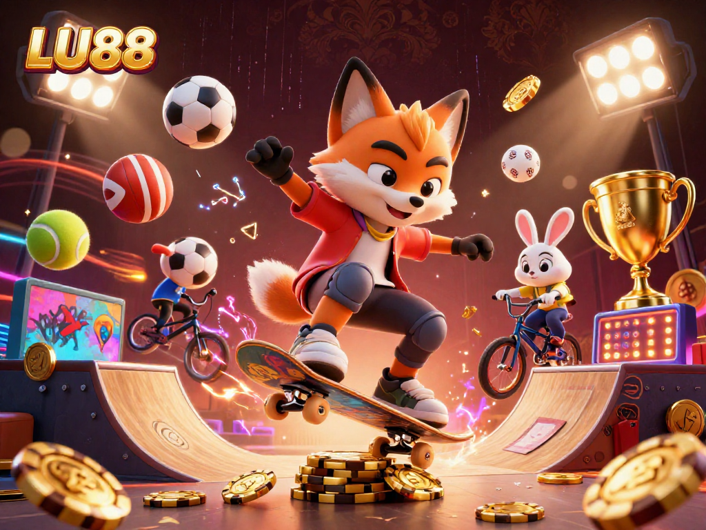 Experience the excitement of LU88 with dynamic casino-themed sports tricks and vibrant elements.