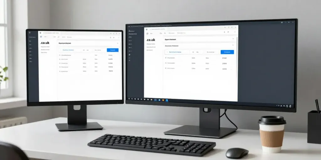 "Register .co.uk domain in a modern developer workspace with sleek interface and coding tools."