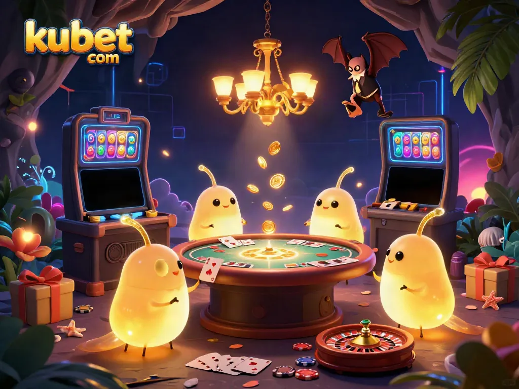 Engage with kubet com through a vibrant casino scene featuring glowing characters and exciting game elements.