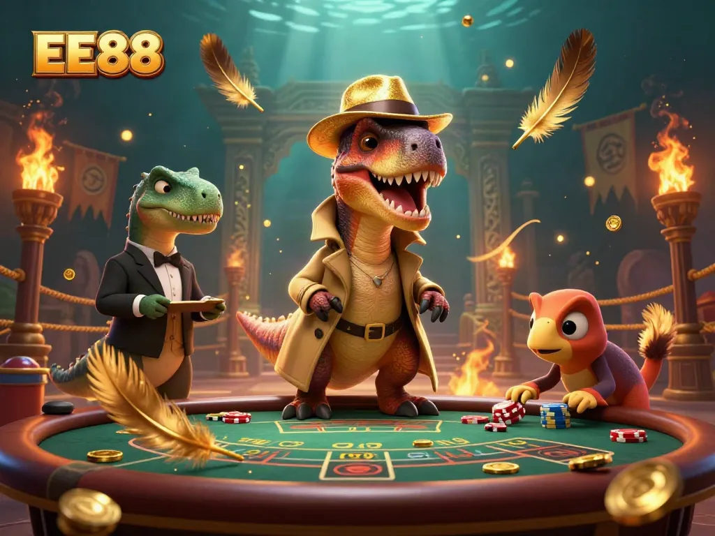 EE88 velociraptor card counter at blackjack table, vibrant casino scene with dynamic elements.