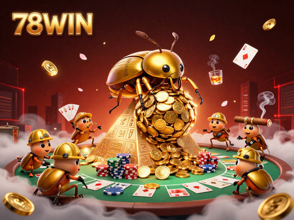 Experience thrilling action at 78WIN with golden beetles and casino symbols in a vibrant scene.