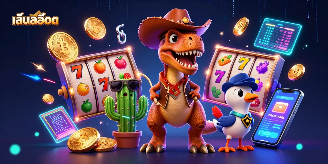 Play สล็อต with excitement in this dynamic 3D illustration featuring vibrant slot symbols and characters.