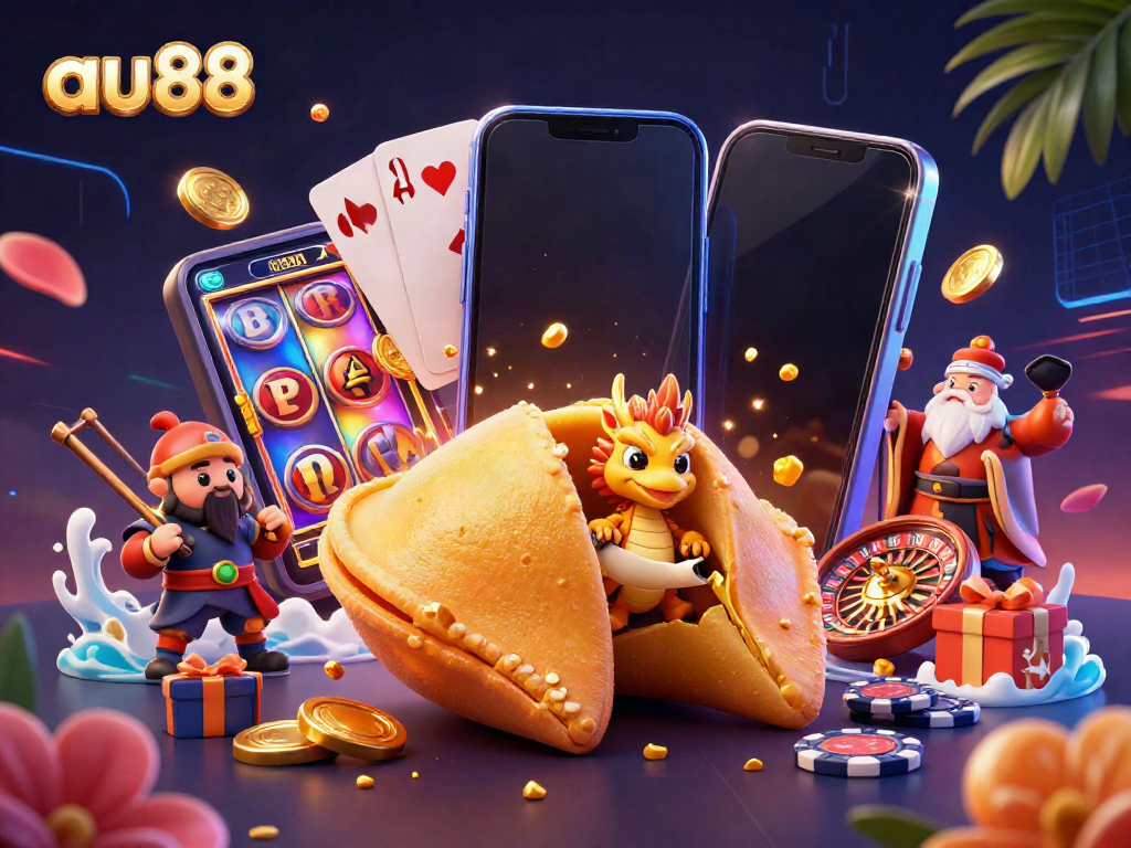 Experience excitement at au88 with a golden fortune cookie scene featuring a dragon, casino elements, and slot games.