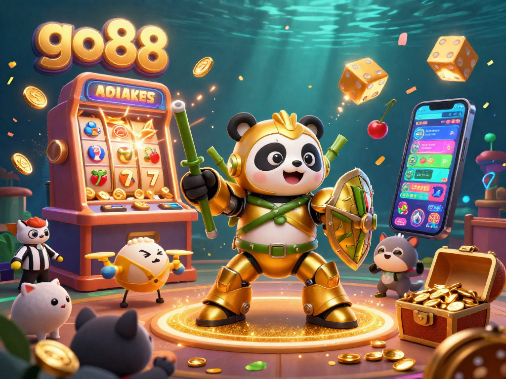 Experience the excitement of go88 with a vibrant 3D casino scene filled with colorful slot machines and cheering characters.