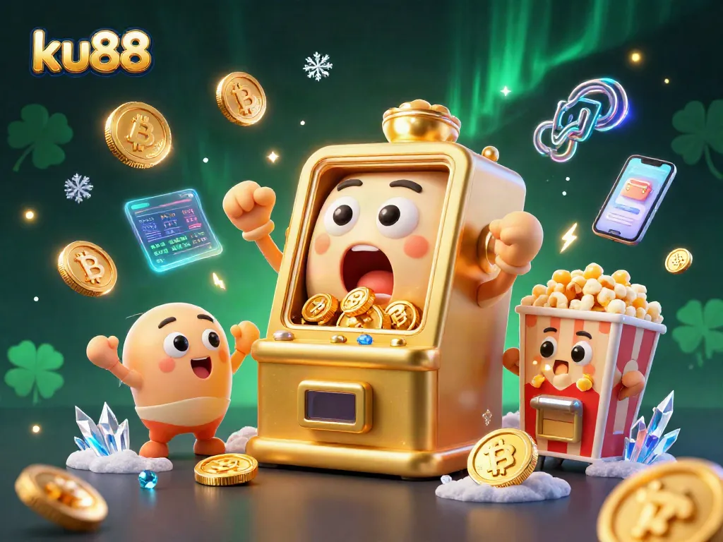 ku88 showcases a joyous slot machine celebrating a jackpot, surrounded by lively casino elements.