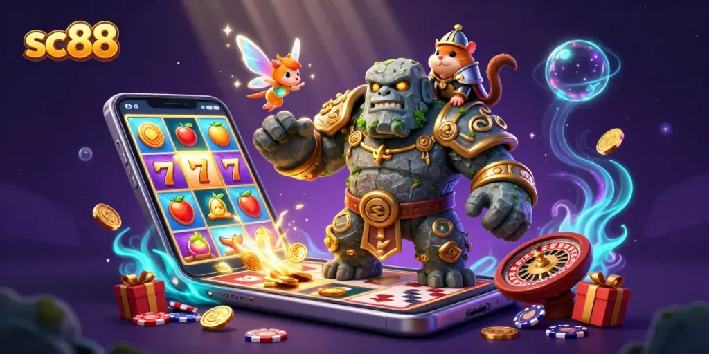 Engage with sc88’s dynamic casino slot extravaganza featuring a fairy, golem, and hamster knight.