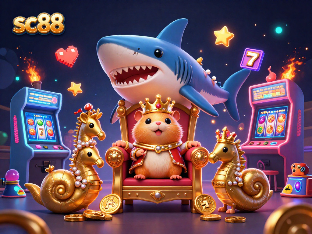 Engage with sc88's vibrant casino experience featuring a hamster king, gold elements, and colorful game machines.