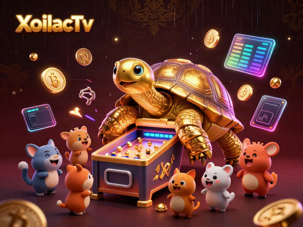 Experience XoilacTv's online casino excitement with the golden tortoise pinball machine surrounded by crypto-themed elements.