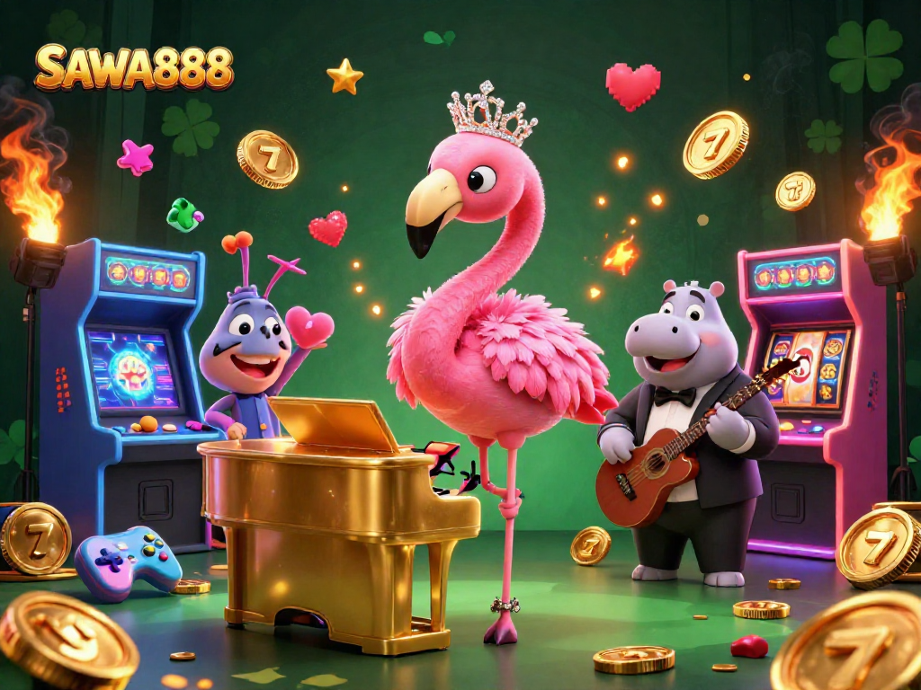 Experience the excitement of gaming with SAWA888's vibrant casino atmosphere featuring unique characters and slot elements.