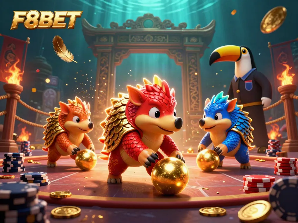 F8BET pangolins playing a vibrant casino game with poker chips in a thrilling 3D illustration.