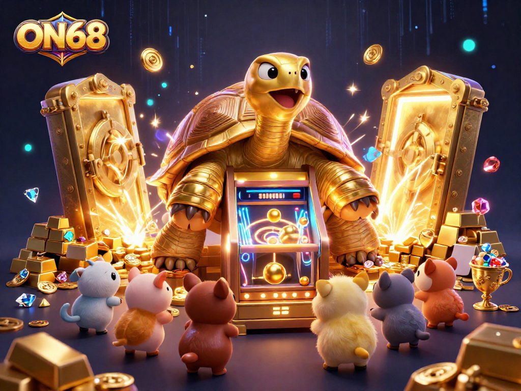 Experience ON68 with an exciting golden tortoise pinball machine and treasures in a dynamic casino scene.