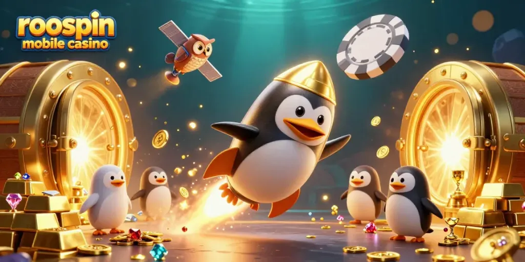 Play at Roospin mobile casino, featuring a golden penguin and vibrant casino elements.