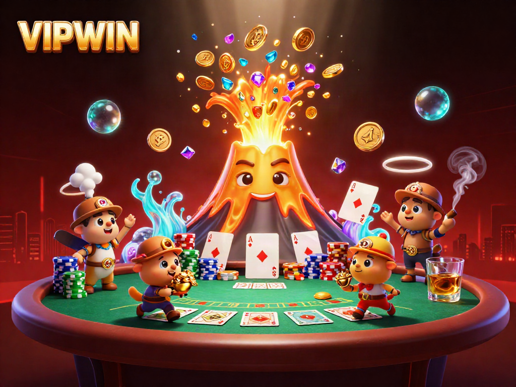 VIPWIN showcases an exciting 3D scene of treasure seekers amidst coins and poker action.