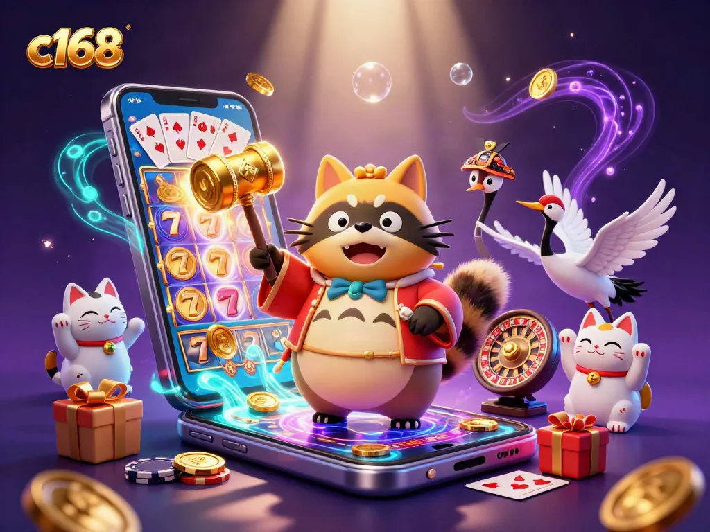 Spin the reels with c168's cheerful tanuki in a vibrant casino scene full of luck and excitement!