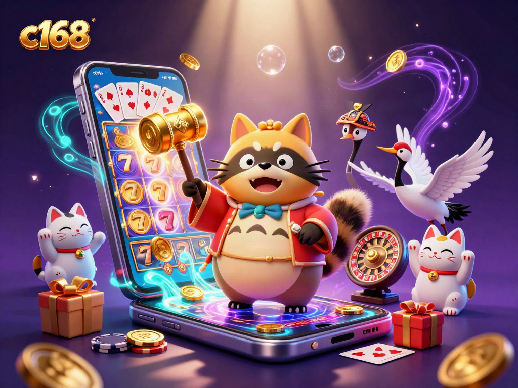 Spin the reels with c168's cheerful tanuki in a vibrant casino scene full of luck and excitement!